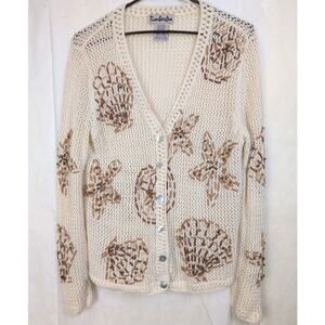 TimberLea ivory beaded shells open knit cardigan sweater Sz Large Coastal Beachy